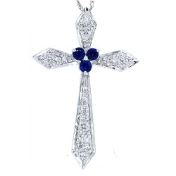 Genuine Sapphire Diamond Cross Pendant Necklace 14Kt Gold