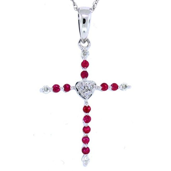 Ruby and Diamond Cross Pendant Necklace 14Kt White Gold