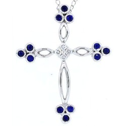 Sapphire Diamond Cross Pendant Necklace 14Kt White Gold 