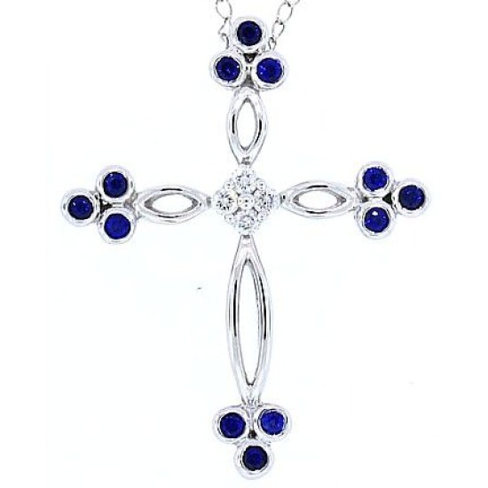 Sapphire Diamond Cross Pendant Necklace 14Kt White Gold 