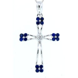 Sapphire and Diamond Cross Pendant Necklace 14Kt White Gold 