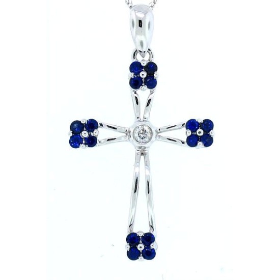 Sapphire and Diamond Cross Pendant Necklace 14Kt White Gold 