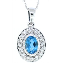 Oval Shape Blue Topaz Diamond Pendant Necklace 14Kt Gold