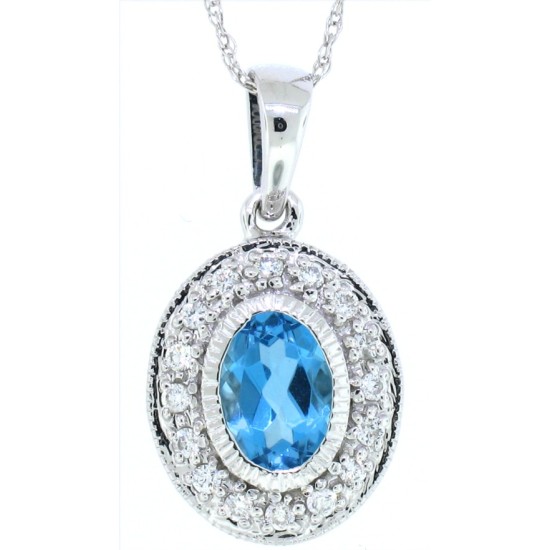 Oval Shape Blue Topaz Diamond Pendant Necklace 14Kt Gold