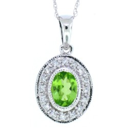 Genuine Peridot Diamond Pendant Necklace 14Kt White Gold