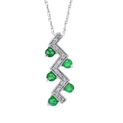 Three Stone Emerald Diamond Pendant Necklace 14Kt White Gold