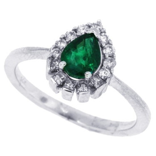 14Kt White Gold Emerald Diamond Engagement Ring Pear Shaped 