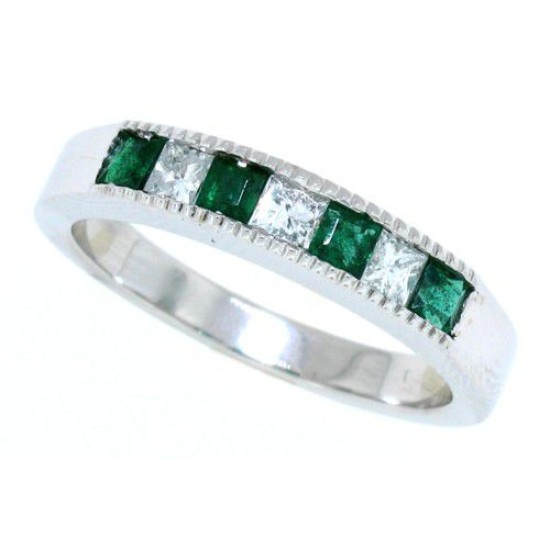 Emerald Diamond Band 14Kt Gold Channel Set Princess Cut 