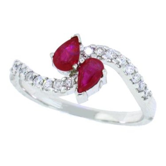 Natural Ruby and Diamond Ring 14Kt White Gold Pear Shaped 