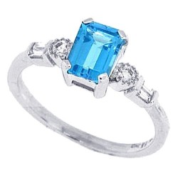Emerald Cut Blue Topaz and Baguette Diamond Ring 14Kt Gold