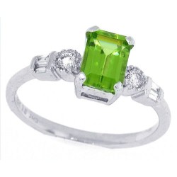 Emerald Cut Peridot and Baguette Diamond Ring 14Kt White Gold 