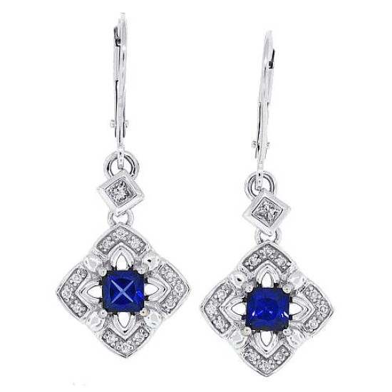Princess Cut Blue Sapphire and Diamond Drop Earrings in 10Kt White Gold 
