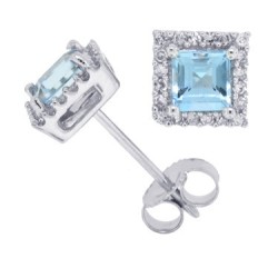 Princess Cut Aquamarine Diamond Stud Earrings 10Kt White Gold 