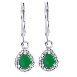 10Kt White Gold Pear Shaped Emerald Diamond Dangle Earrings 
