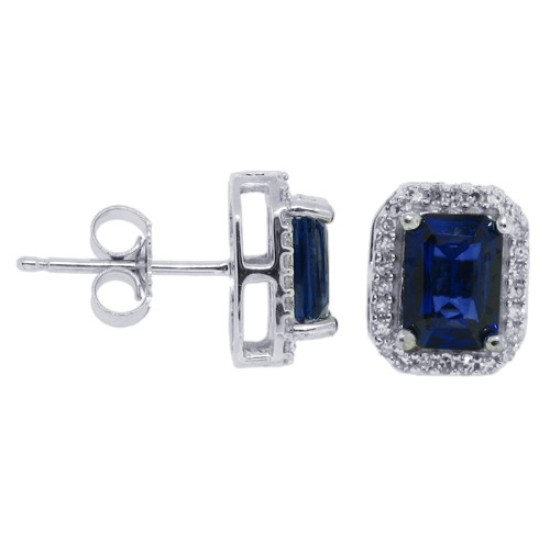 Emerald Cut Blue Sapphire Diamond Halo Stud Earrings in 14Kt White Gold 