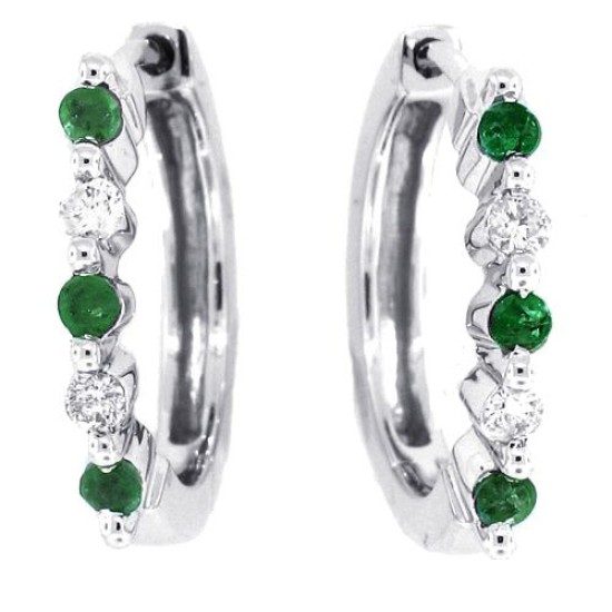1/4 carat Genuine Emerald Diamond Hoop Earrings 14Kt Gold 