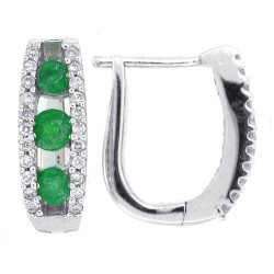 Three Stone Emerald and CZ Hoop Earrings Sterling Silver