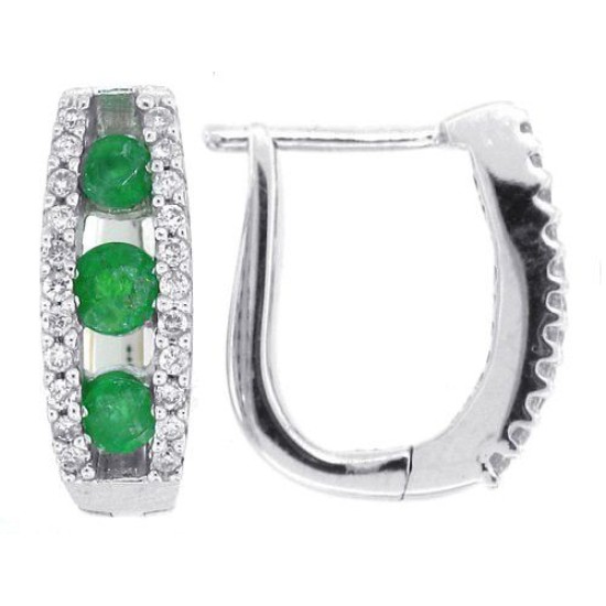 Three Stone Emerald and CZ Hoop Earrings Sterling Silver