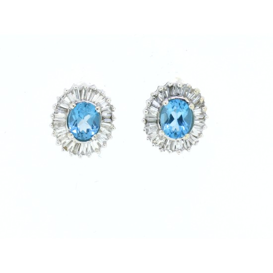 Blue Topaz and Baguette Diamond Earrings in 14Kt White Gold 