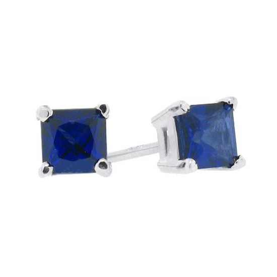 Princess Cut Genuine Sapphire Stud Earrings Sterling Silver