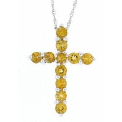 Citrine Gemstone Cross Pendant Necklace 14Kt White Gold 
