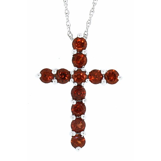 Genuine Garnet Cross Pendant Necklace 14Kt Yellow Gold 