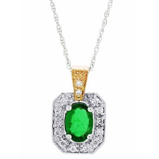 Genuine Emerald Diamond Pendant Necklace 14Kt White Gold 