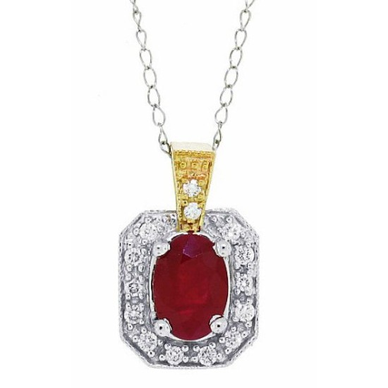 Genuine Ruby and Diamond Pendant Necklace 14Kt White Gold 