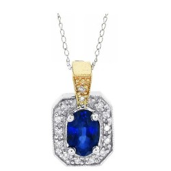 14Kt White Gold Blue Sapphire Diamond Pendant Necklace