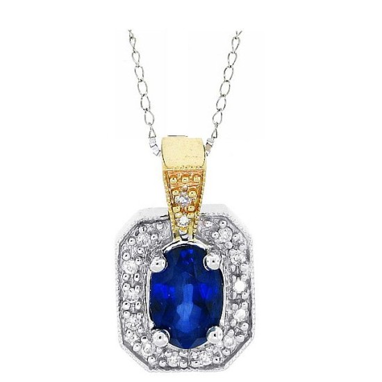 14Kt White Gold Blue Sapphire Diamond Pendant Necklace