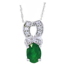 Genuine Emerald and Diamond Pendant Necklace 14Kt White Gold 