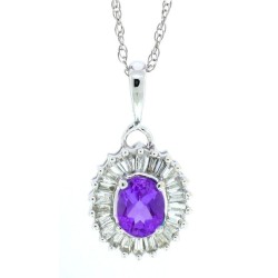 Oval Amethyst Baguette Diamond Pendant Necklace 14Kt Gold 