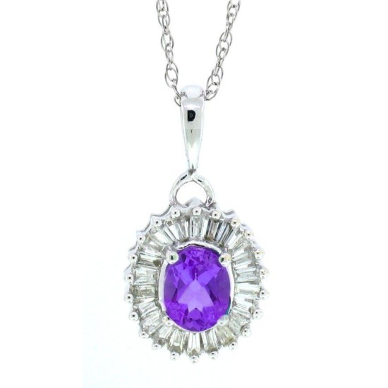 Oval Amethyst Baguette Diamond Pendant Necklace 14Kt Gold 