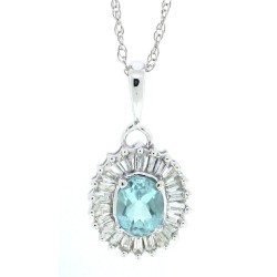 Genuine Aquamarine Diamond Pendant Necklace 14Kt White Gold 