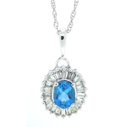 Oval Blue Topaz Baguette Diamond Pendant Necklace 14Kt Gold 