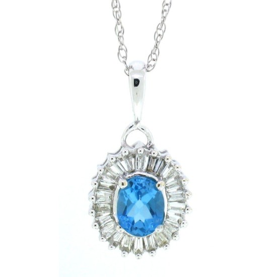 Oval Blue Topaz Baguette Diamond Pendant Necklace 14Kt Gold 