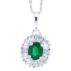 Emerald and Baguette Diamond Pendant Necklace 14Kt Gold 