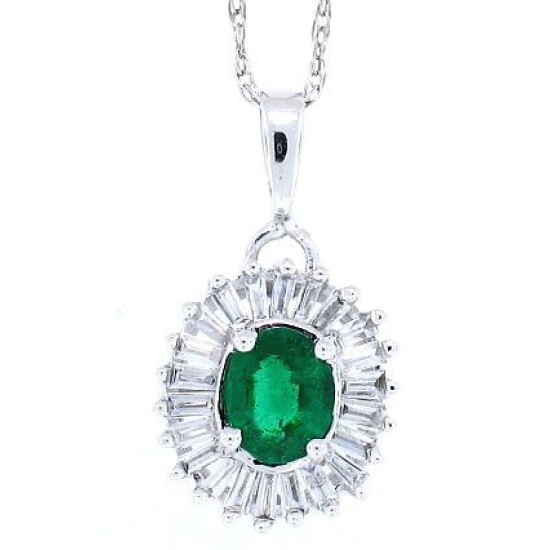 Emerald and Baguette Diamond Pendant Necklace 14Kt Gold 