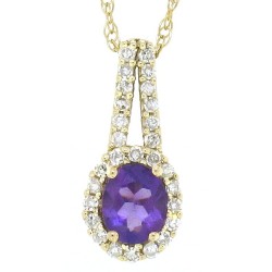 Genuine Amethyst Diamond Halo Pendant Necklace 14Kt Gold 