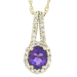 Genuine Amethyst Diamond Halo Pendant Necklace 14Kt Gold 