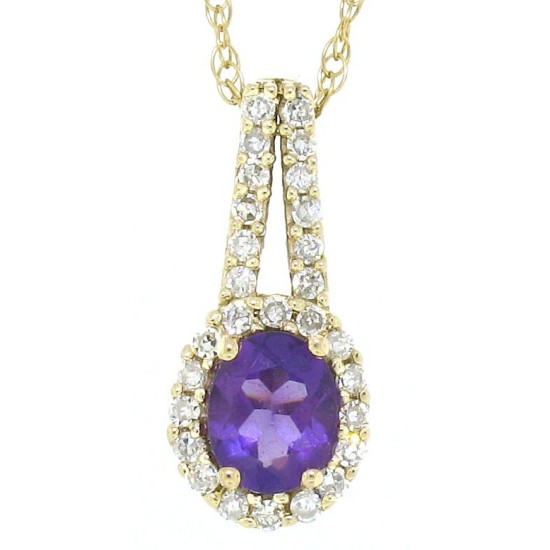 Genuine Amethyst Diamond Halo Pendant Necklace 14Kt Gold 