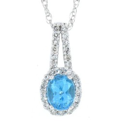 Oval Blue Topaz and Diamond Pendant Necklace 10Kt White Gold 