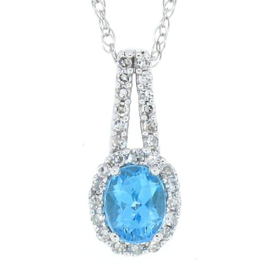 Oval Blue Topaz and Diamond Pendant Necklace 10Kt White Gold 