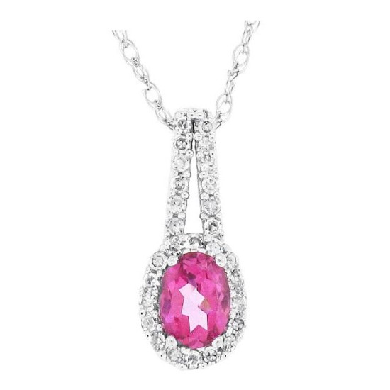 Pink Topaz Diamond Halo Pendant Necklace 10Kt Gold 