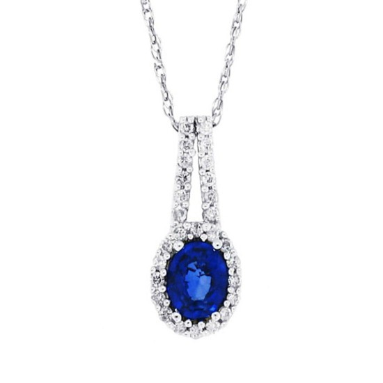 Genuine Sapphire Diamond Pendant Necklace 10Kt White Gold 