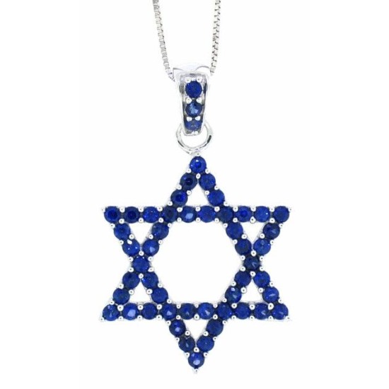 Blue Sapphire Jewish Star Of David Pendant Necklace 10Kt Gold 