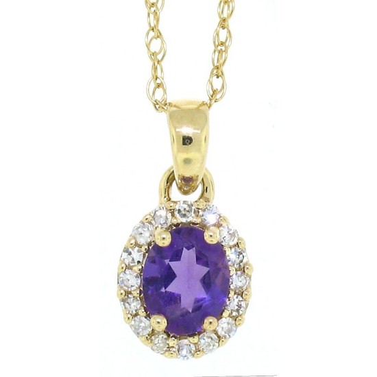 Oval Amethyst Diamond Halo Pendant Necklace 14Kt Gold 