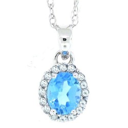 Blue Topaz and Diamond Halo Pendant Necklace 10Kt White Gold 