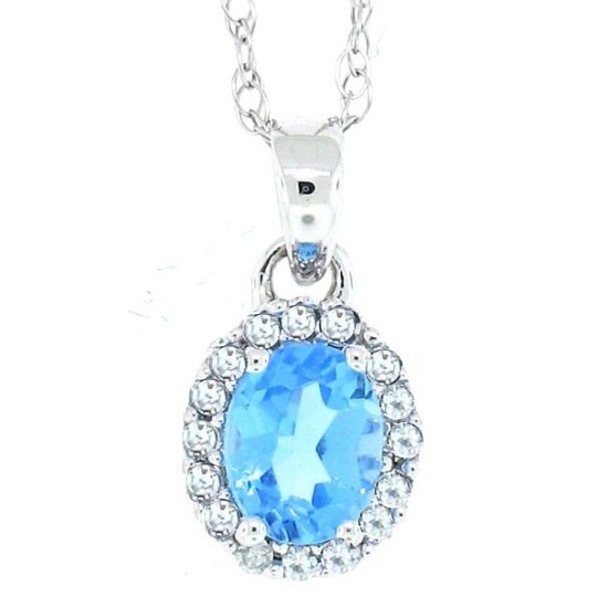 Blue Topaz and Diamond Halo Pendant Necklace 10Kt White Gold 