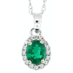 Oval Emerald Diamond Halo Pendant Necklace 10Kt White Gold 